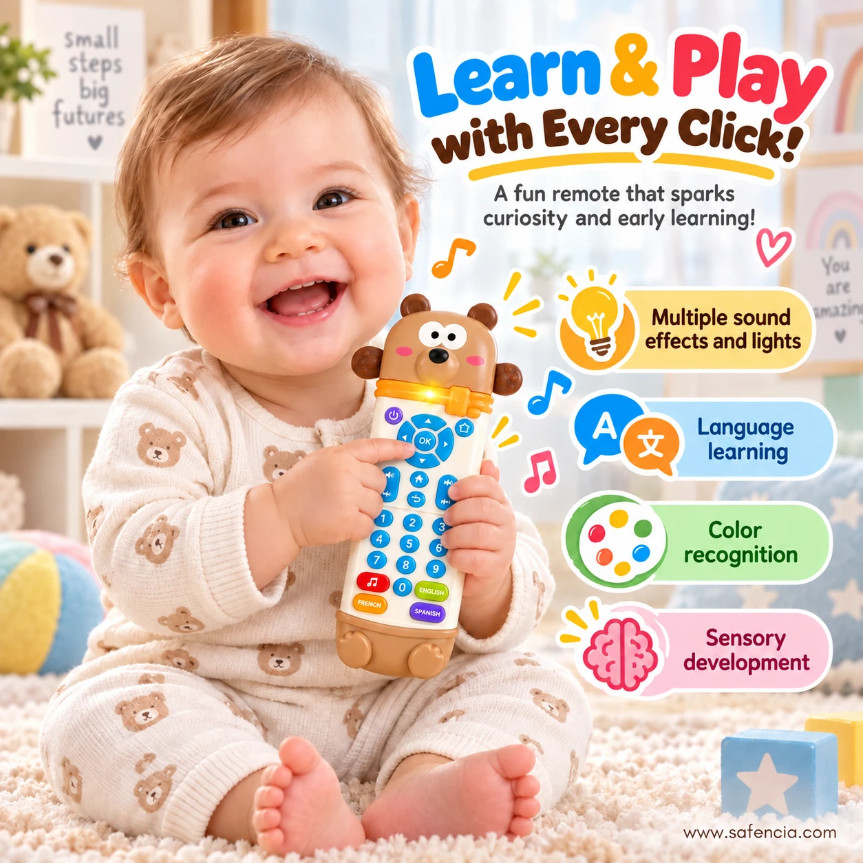 Laughing baby sitting on a rug holding the bear remote teether toy with lights on