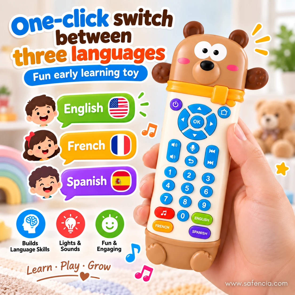 Hand holding the bear remote toy showing the English, French and Spanish language keys