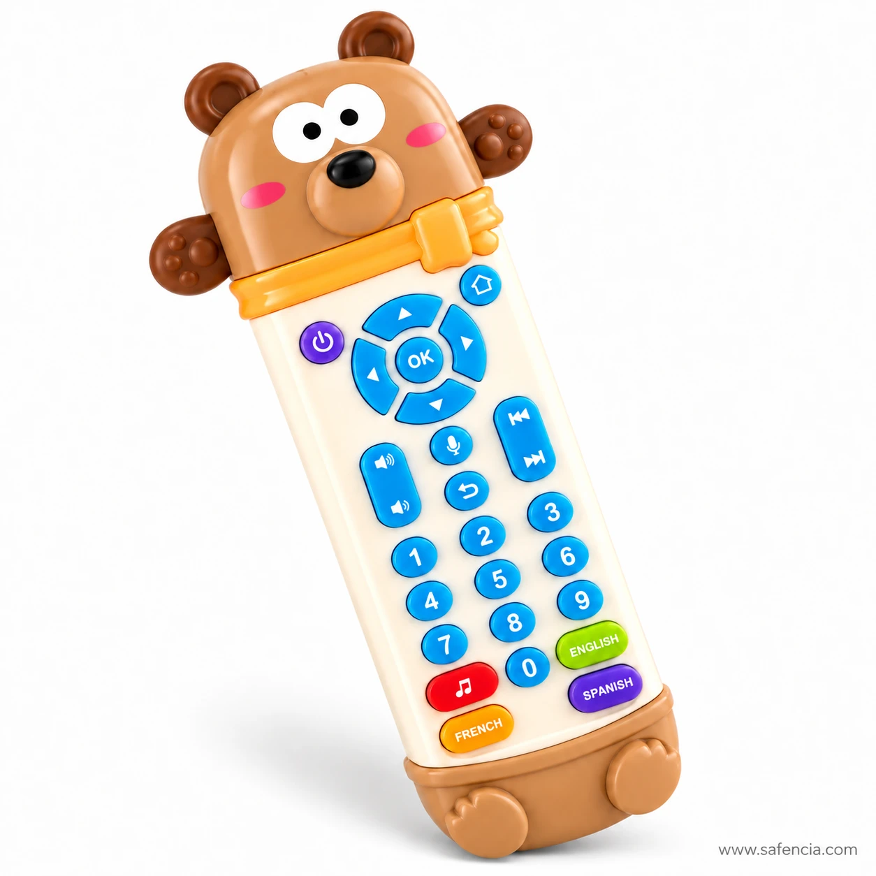 Angled view of the brown bear baby remote toy showing the arrow pad, OK key and number buttons