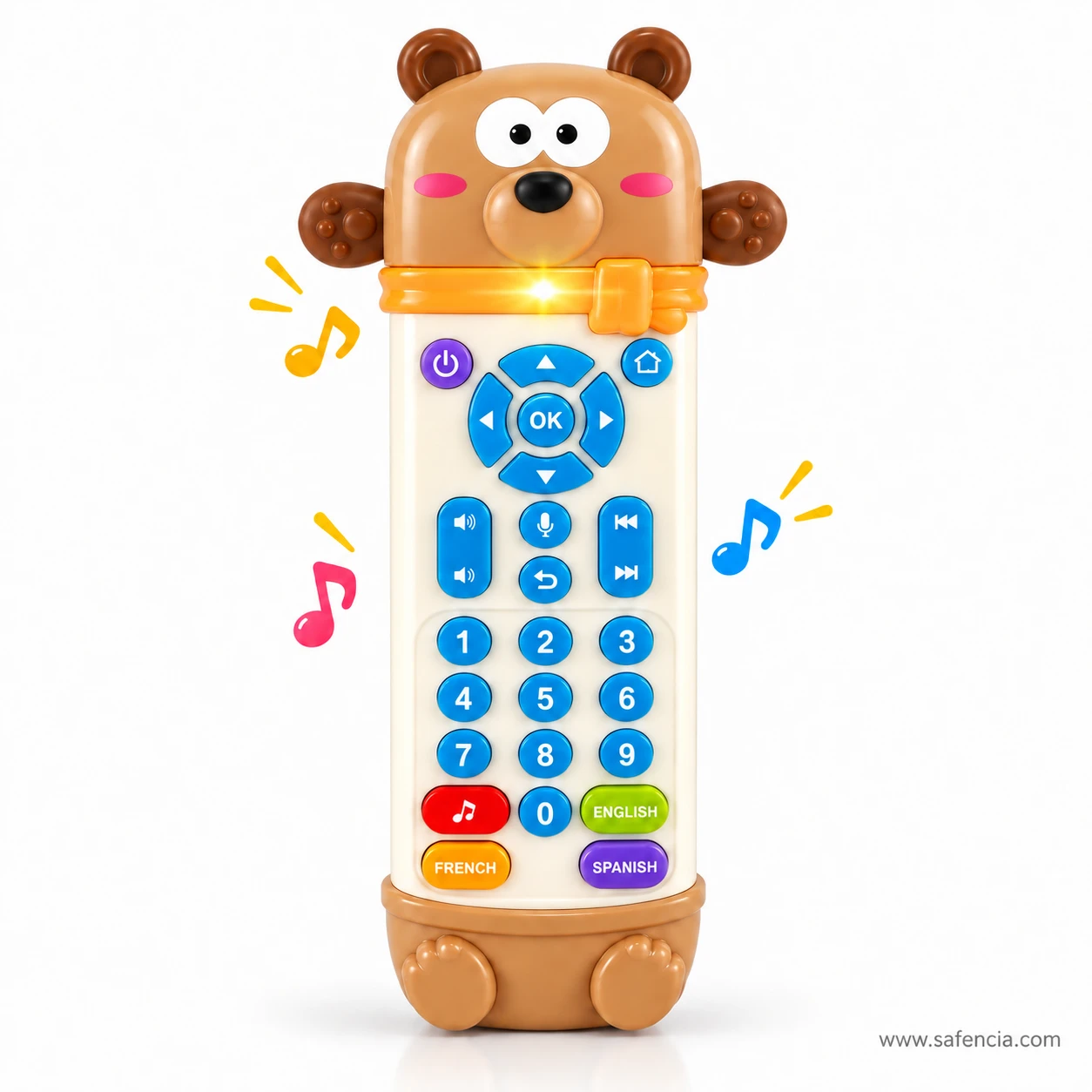 Front view of the bear TV remote teether toy with its collar light glowing yellow