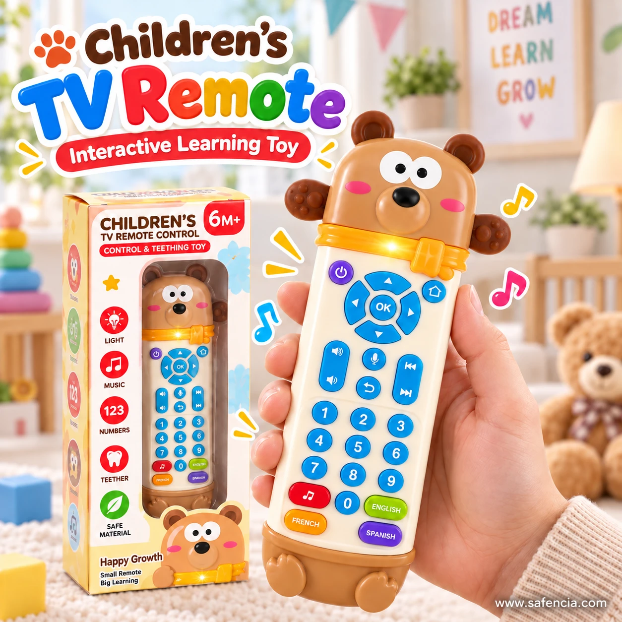 Adult hand holding the bear pretend TV remote toy beside its retail box