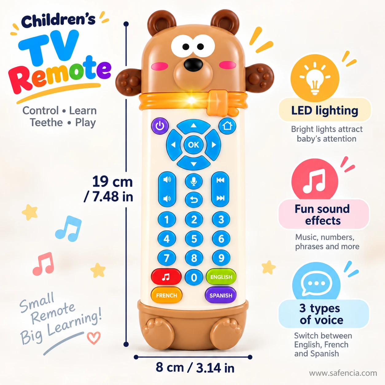 Bear baby remote toy with size markings of about 19 cm tall and 8 cm wide