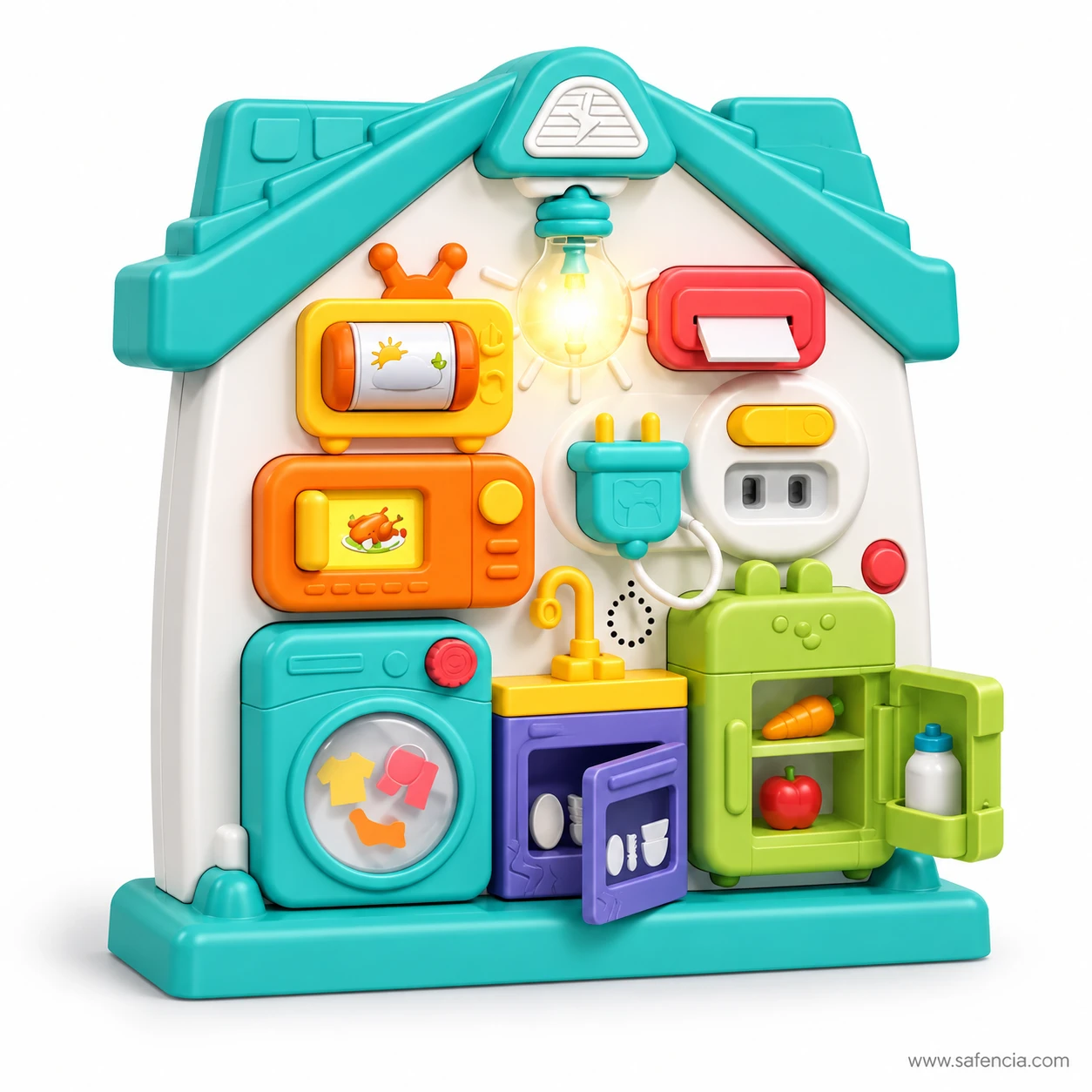 Teal busy board house with the fridge door open showing a carrot, tomato and bottle inside