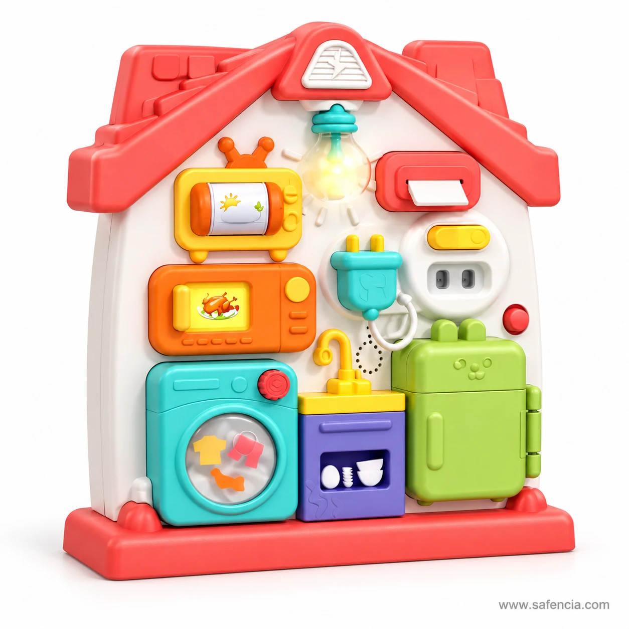 Angled view of the red busy board house showing the microwave, TV, plug and washing machine drum