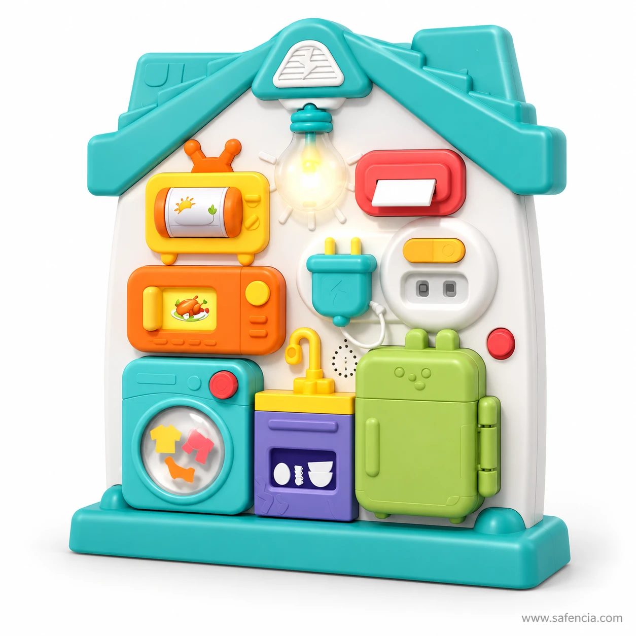 Baby busy board house with teal roof showing light bulb, plug, washing machine and fridge