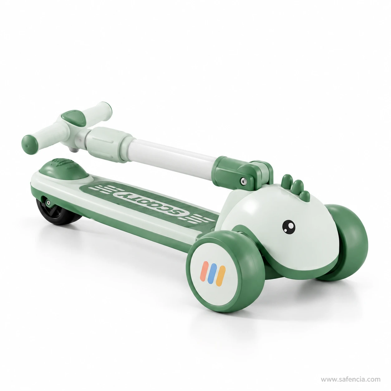 Green baby dino kids scooty folded with the handlebar lying along the deck
