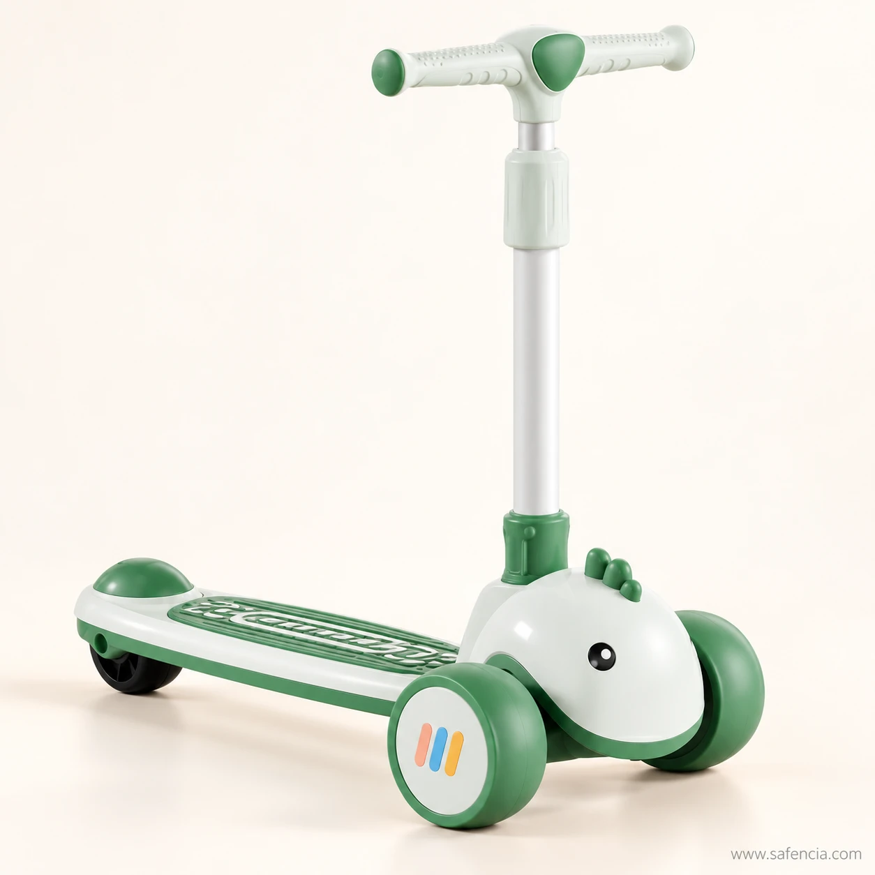 Forest green baby dino kids scooty from the side showing the SCOOTY deck and white dino head