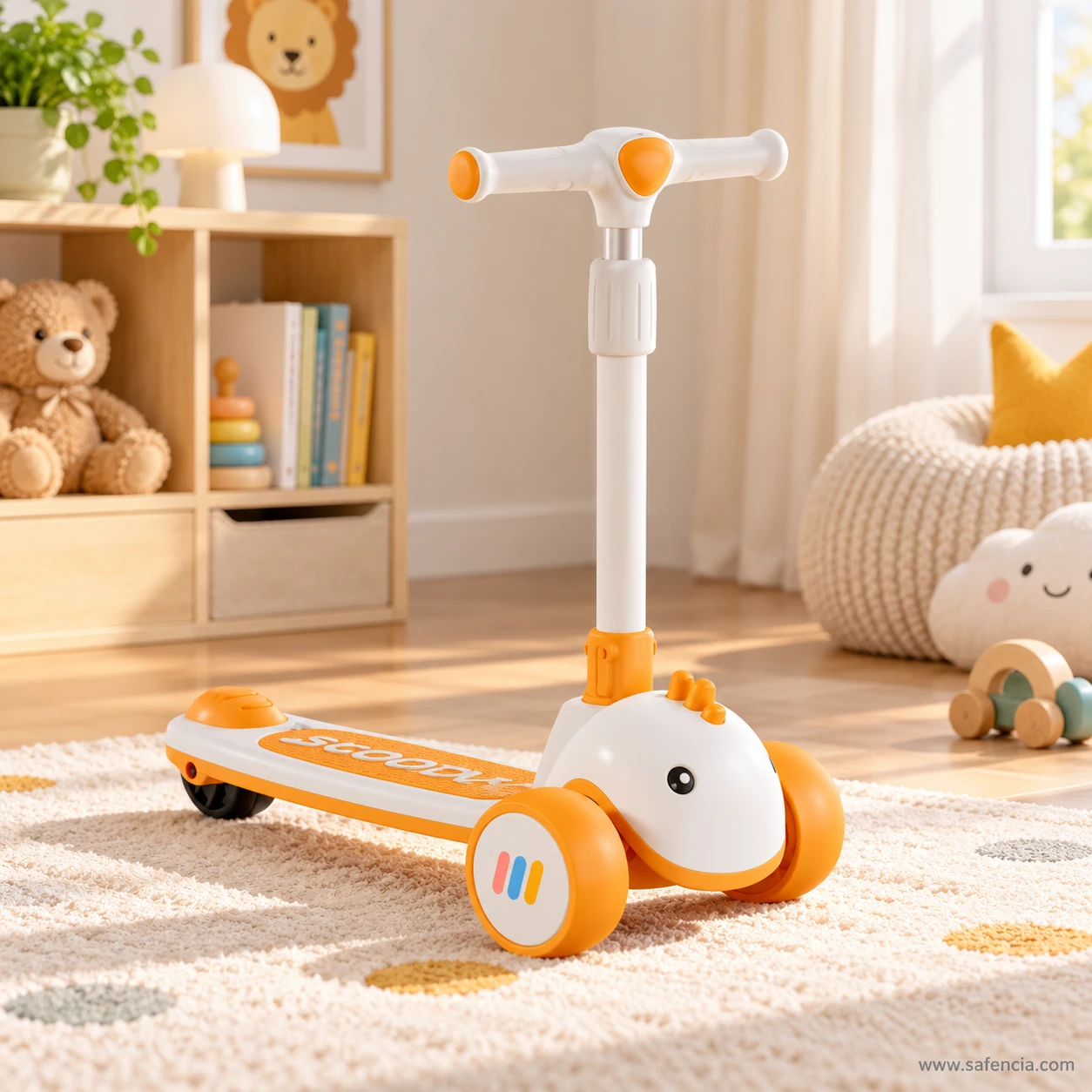 Orange baby dino kids scooty standing on a playroom rug with teddy bears and shelves