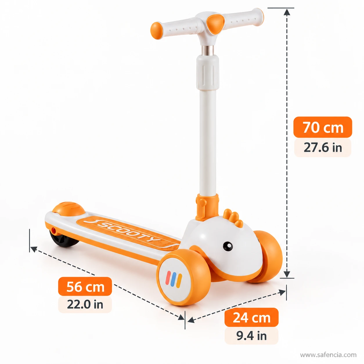Orange baby dino kids scooty size chart: 70 cm height, 56 cm length, 24 cm width