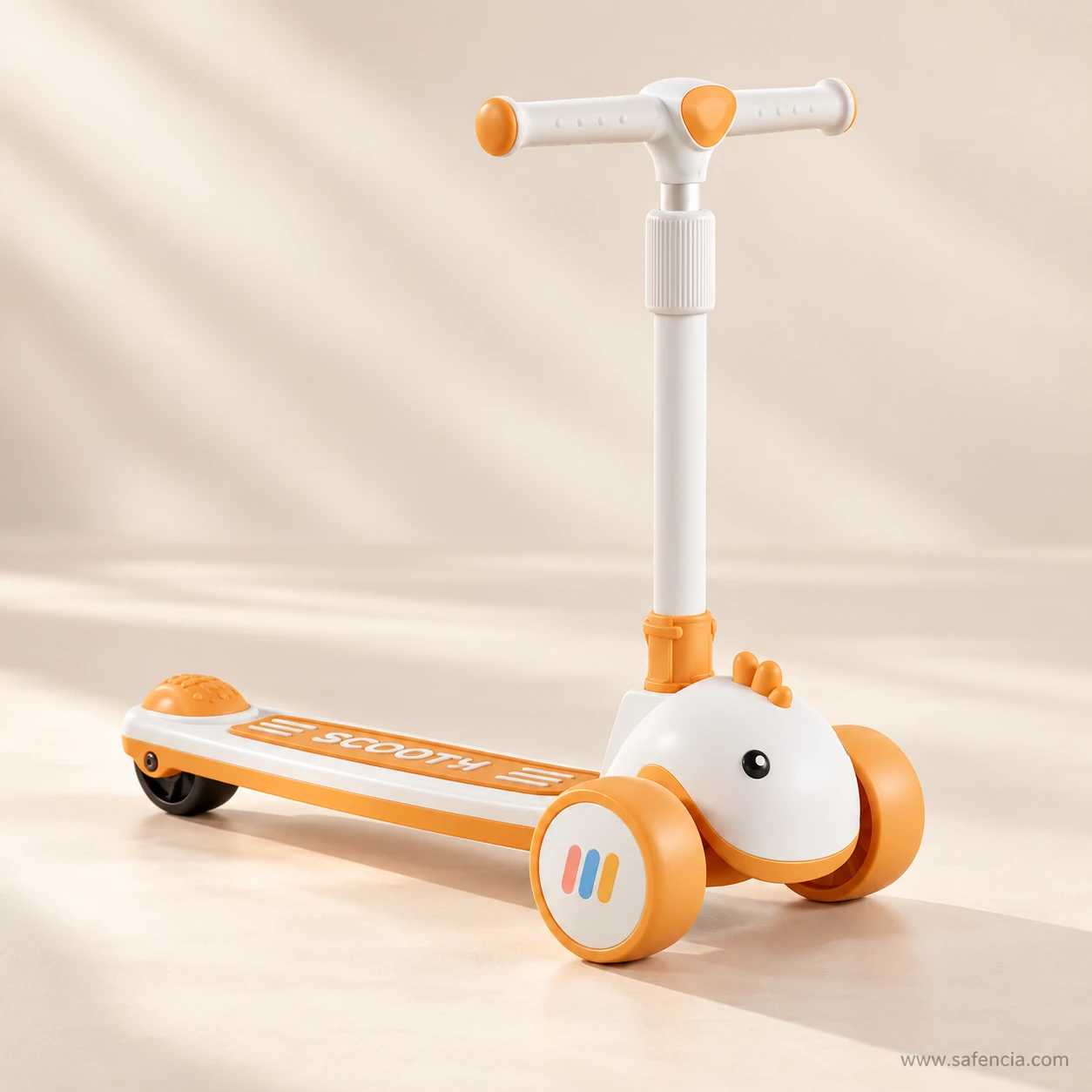 Tangerine orange baby dino kids scooty in warm light with the white dino head and rainbow badge
