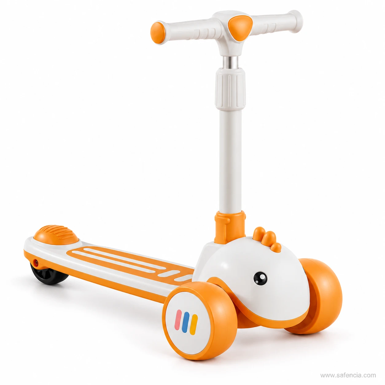 Tangerine orange and white baby dino kids scooty with rainbow badges on the wheel hubs