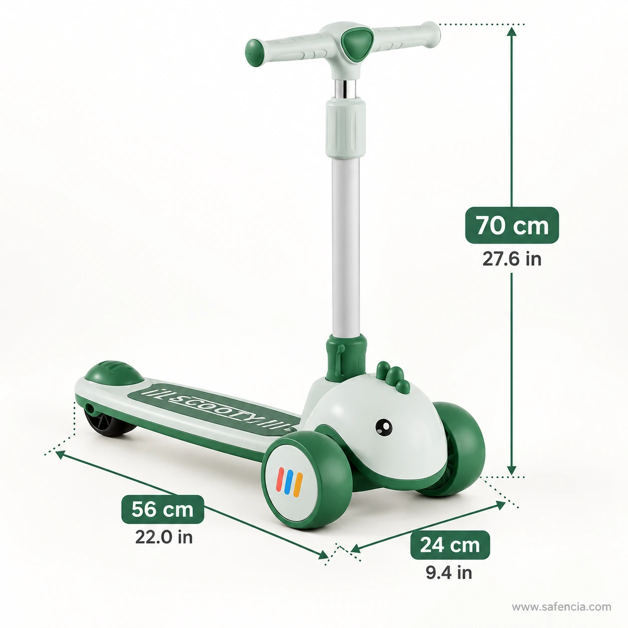 Size chart of the baby dino kids scooty: 70 cm height, 24 cm width and 56 cm length