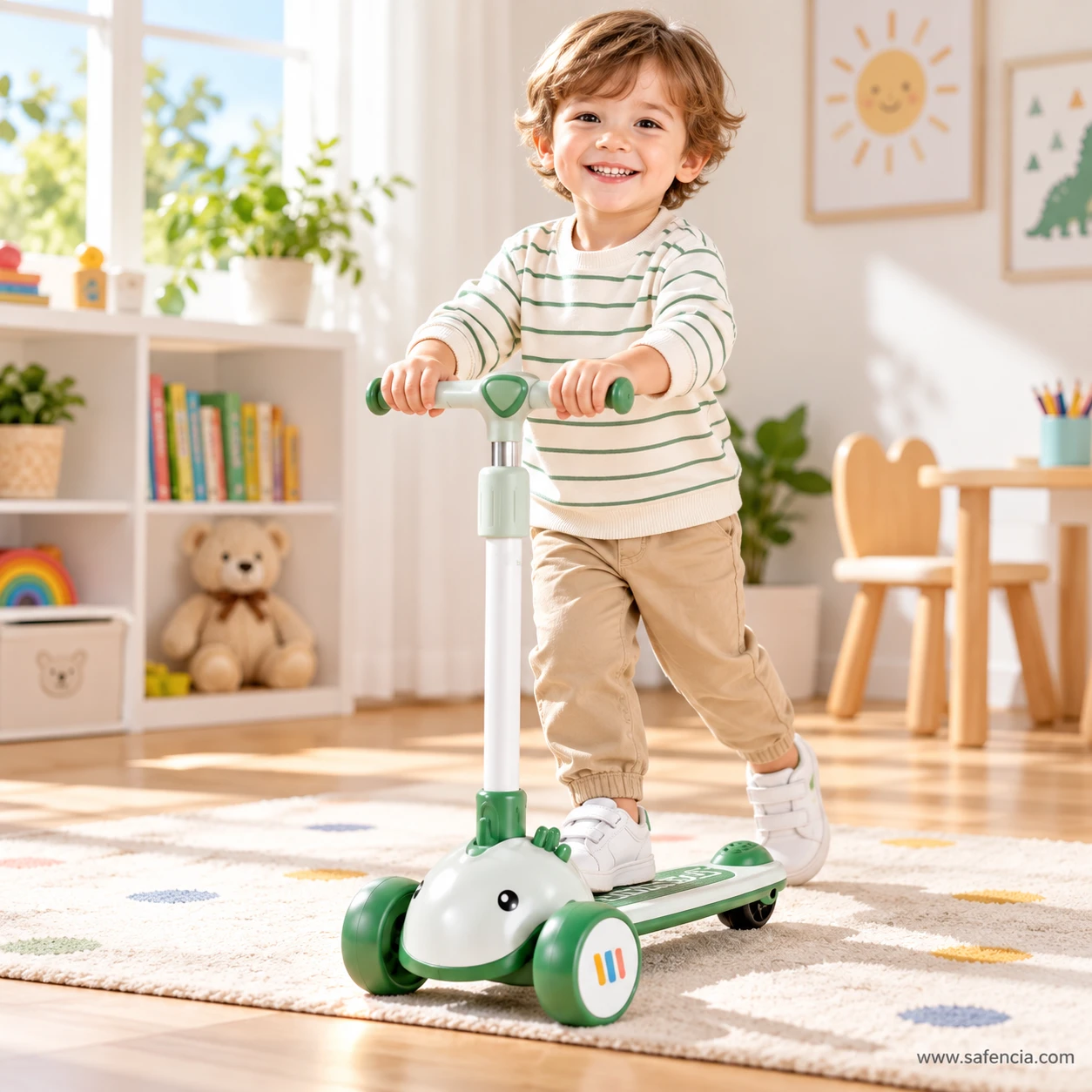 Smiling boy riding the green baby dino kids scooty across a playroom