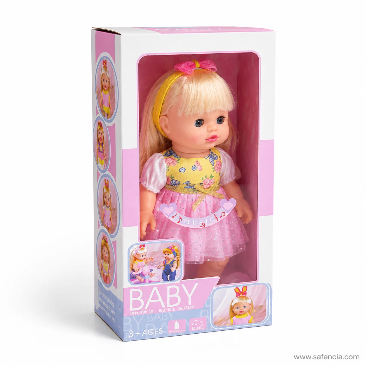 Angled view of the musical baby doll carton showing the printed side panel and 3 plus age marking