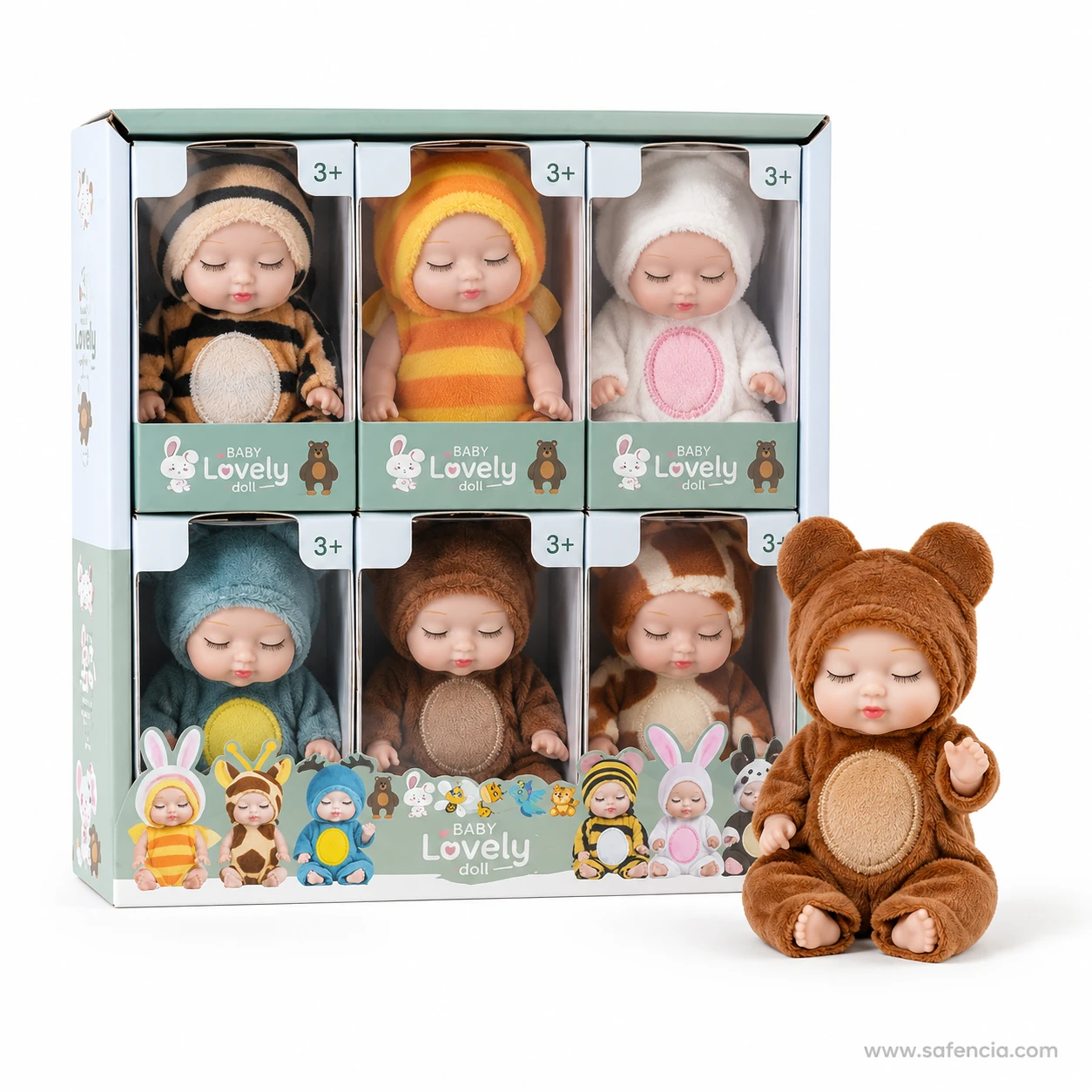 Six boxed sleeping baby dolls beside a brown bear onesie doll held out
