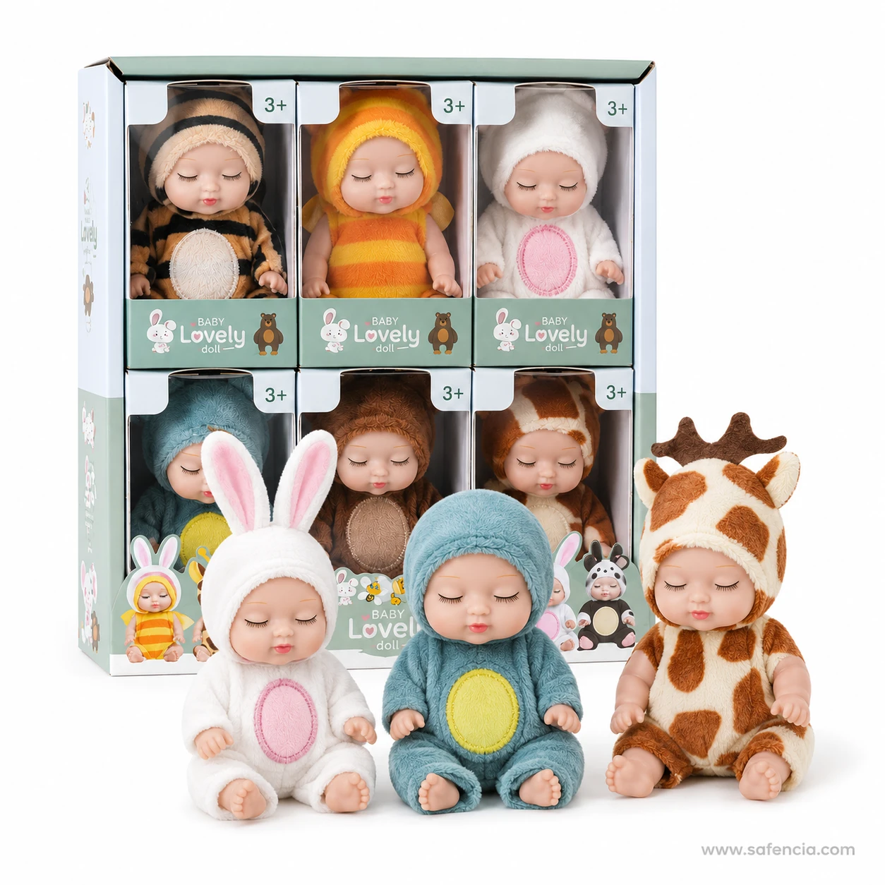 Three sleeping baby dolls out of their boxes: white bunny, teal suit and spotted fawn