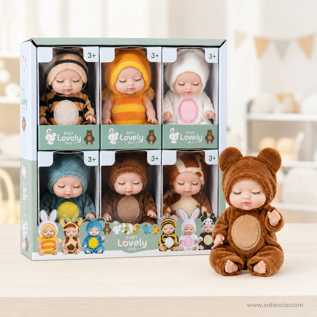 Baby Lovely tray of six sleeping baby dolls standing on a table in a child's room