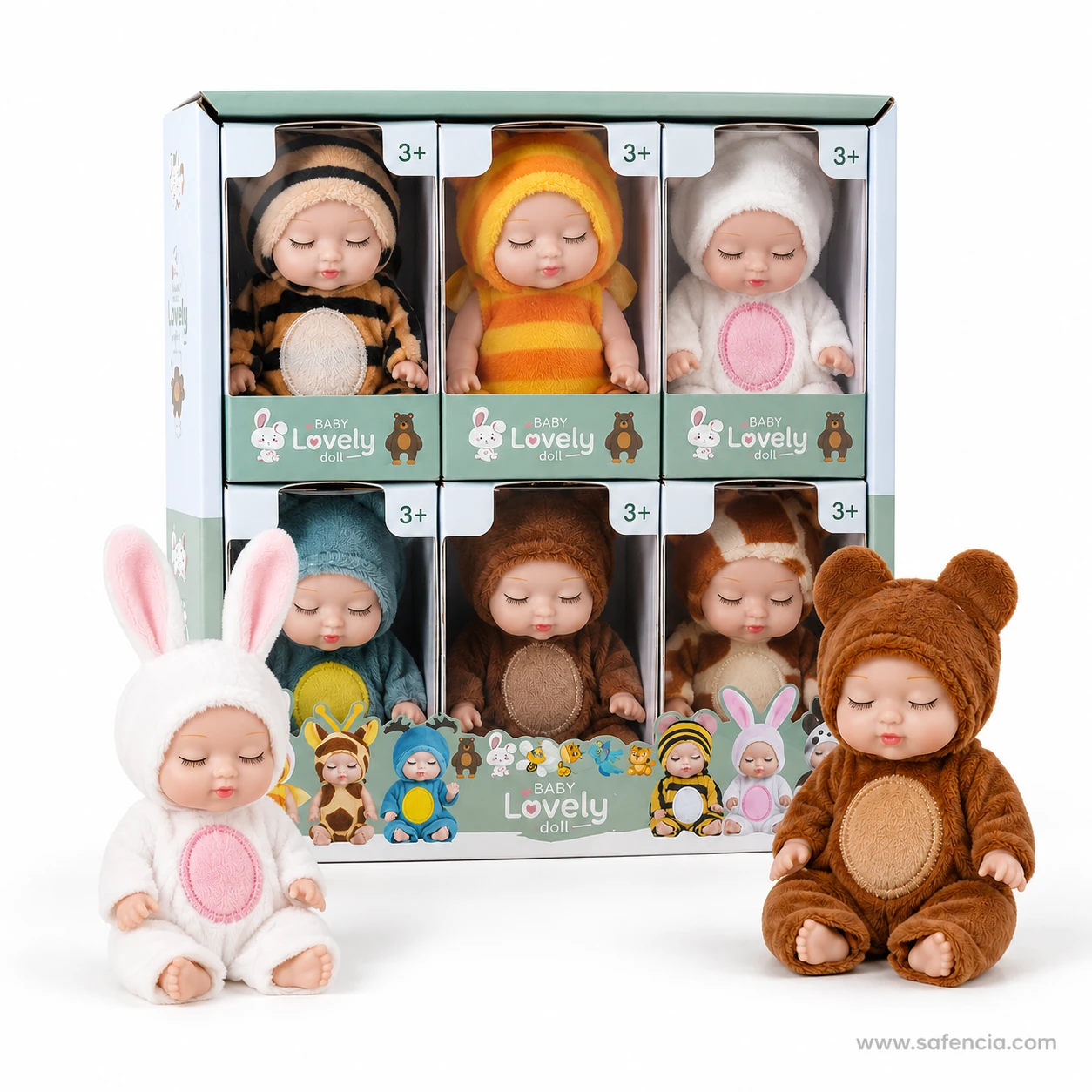 White bunny and brown bear sleeping baby dolls held out beside the boxed tray