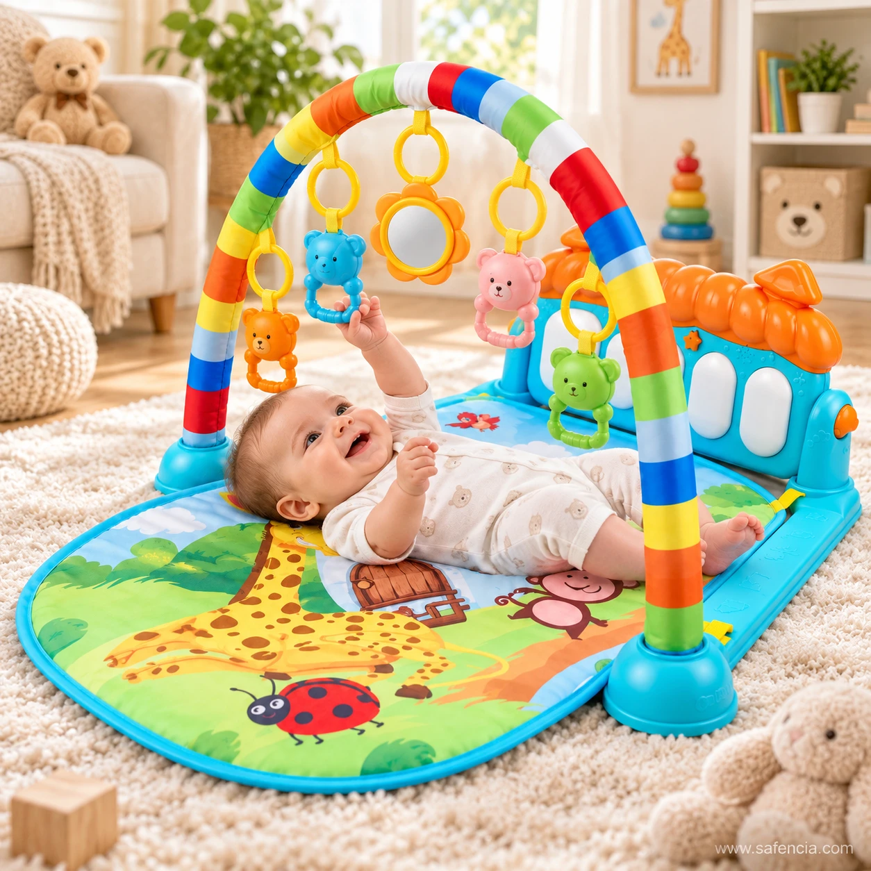 Nursery scene of a baby lying on their back under the rainbow arch of the play gym