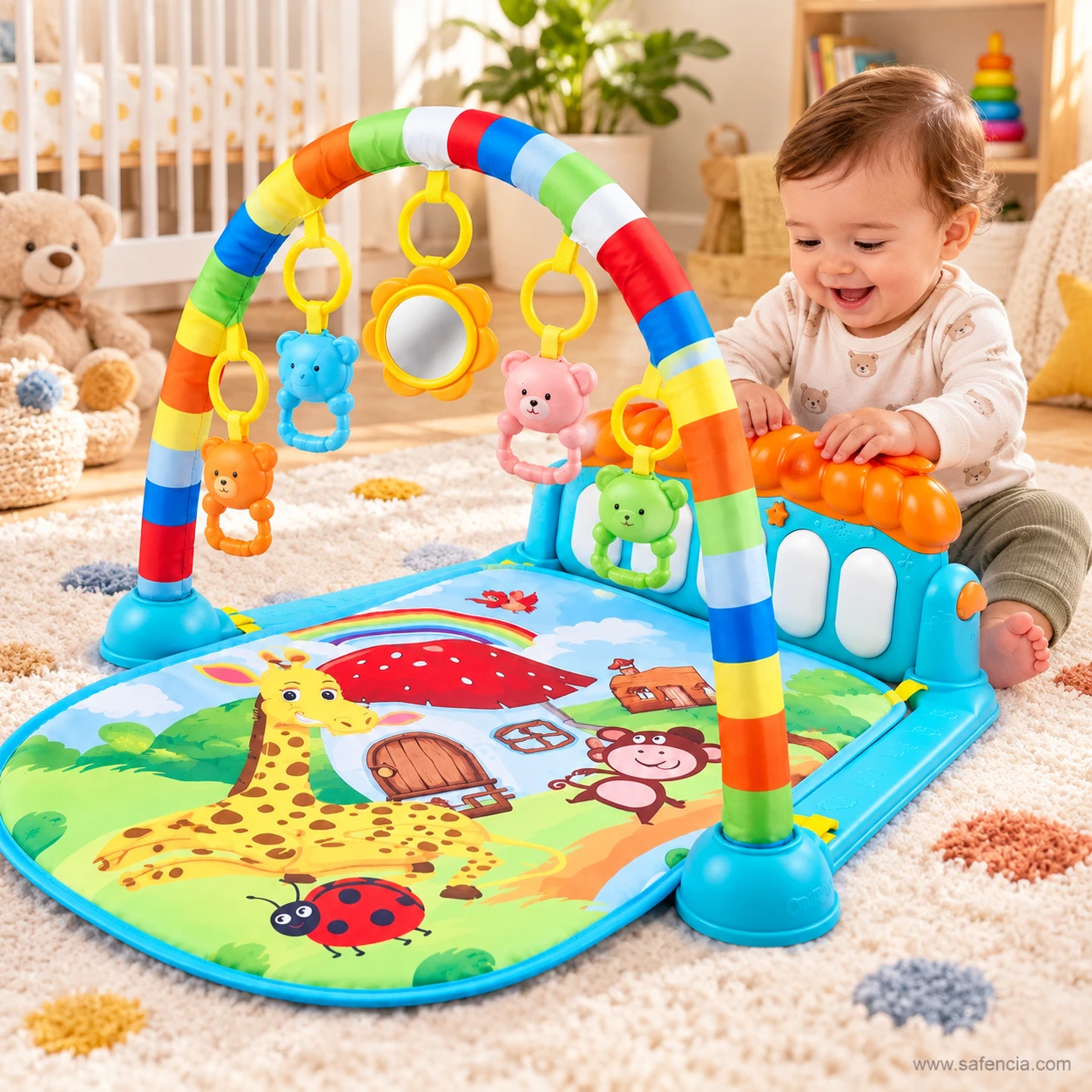 Nursery scene showing a baby sitting beside the play gym and reaching for the hanging toys