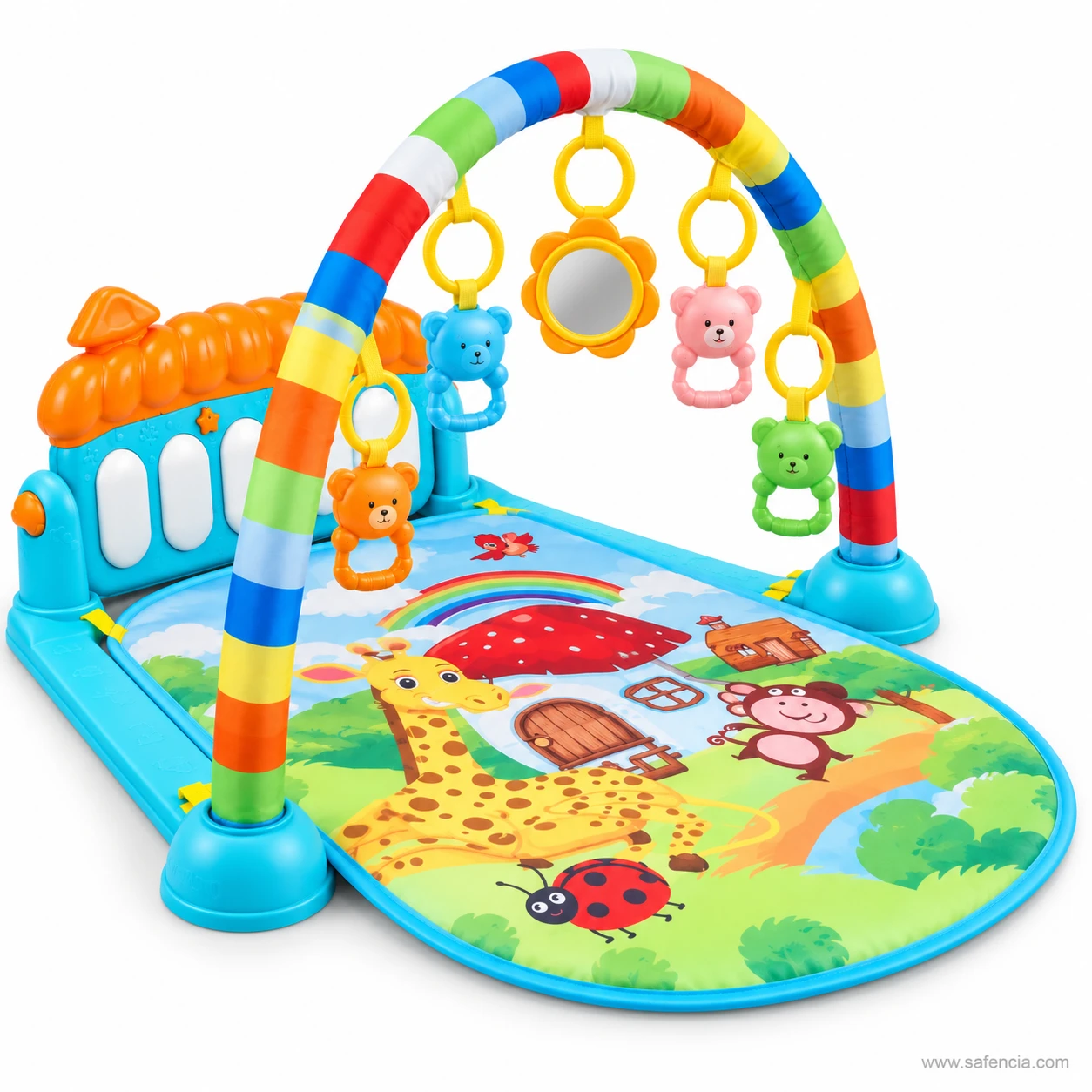 The jungle print on the play mat showing a giraffe, a monkey, a ladybird and a rainbow