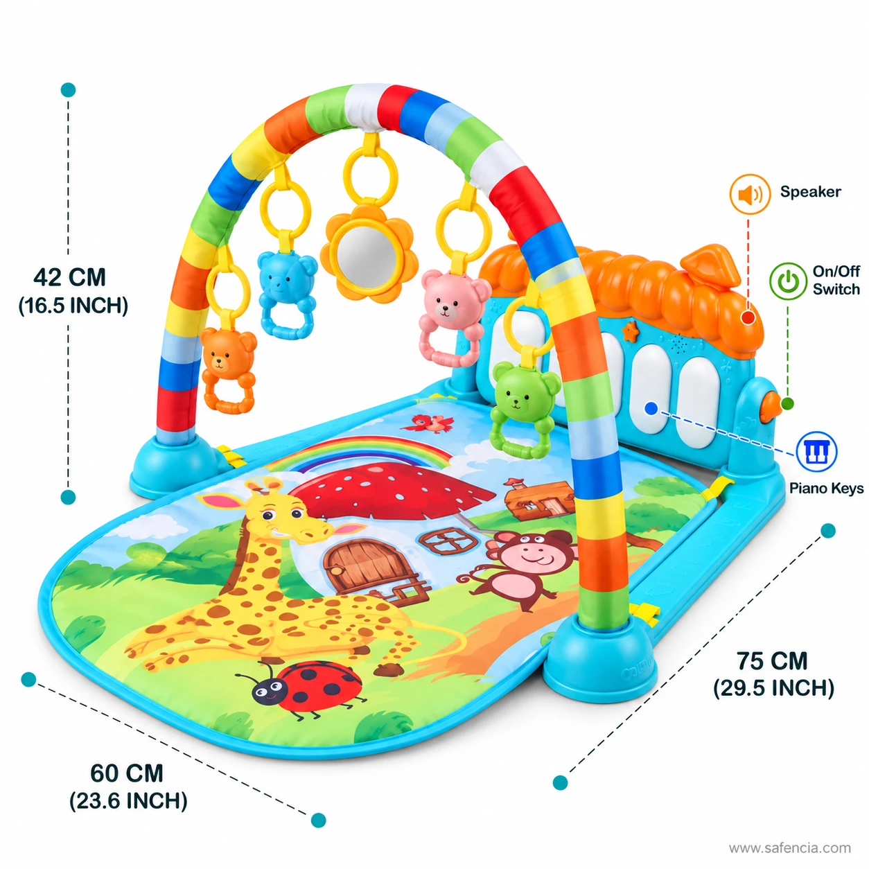 Maker's diagram of the play gym showing 75 cm by 60 cm mat, 42 cm arch, speaker and switch