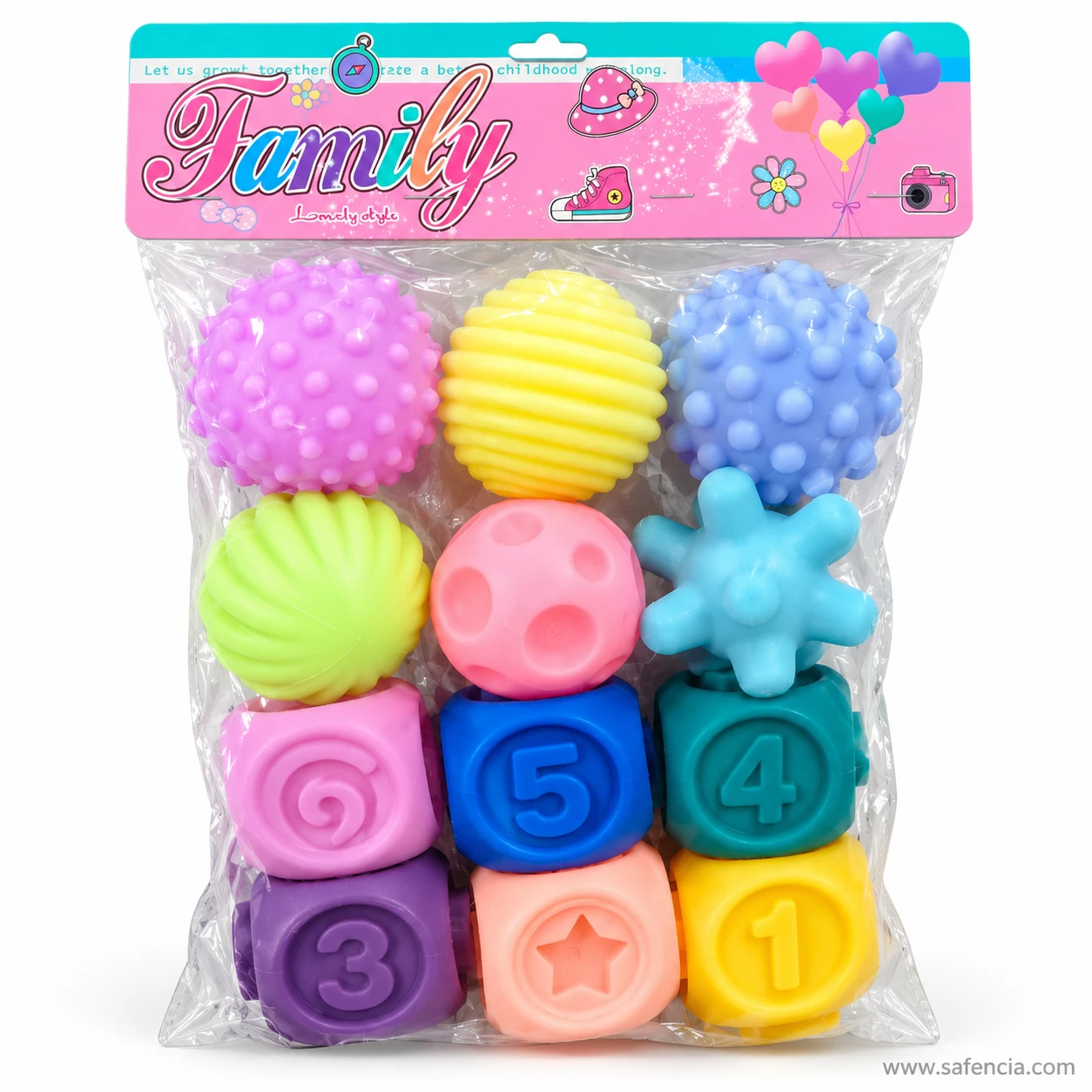 Family bag holding six textured baby sensory balls on top and six soft number blocks below