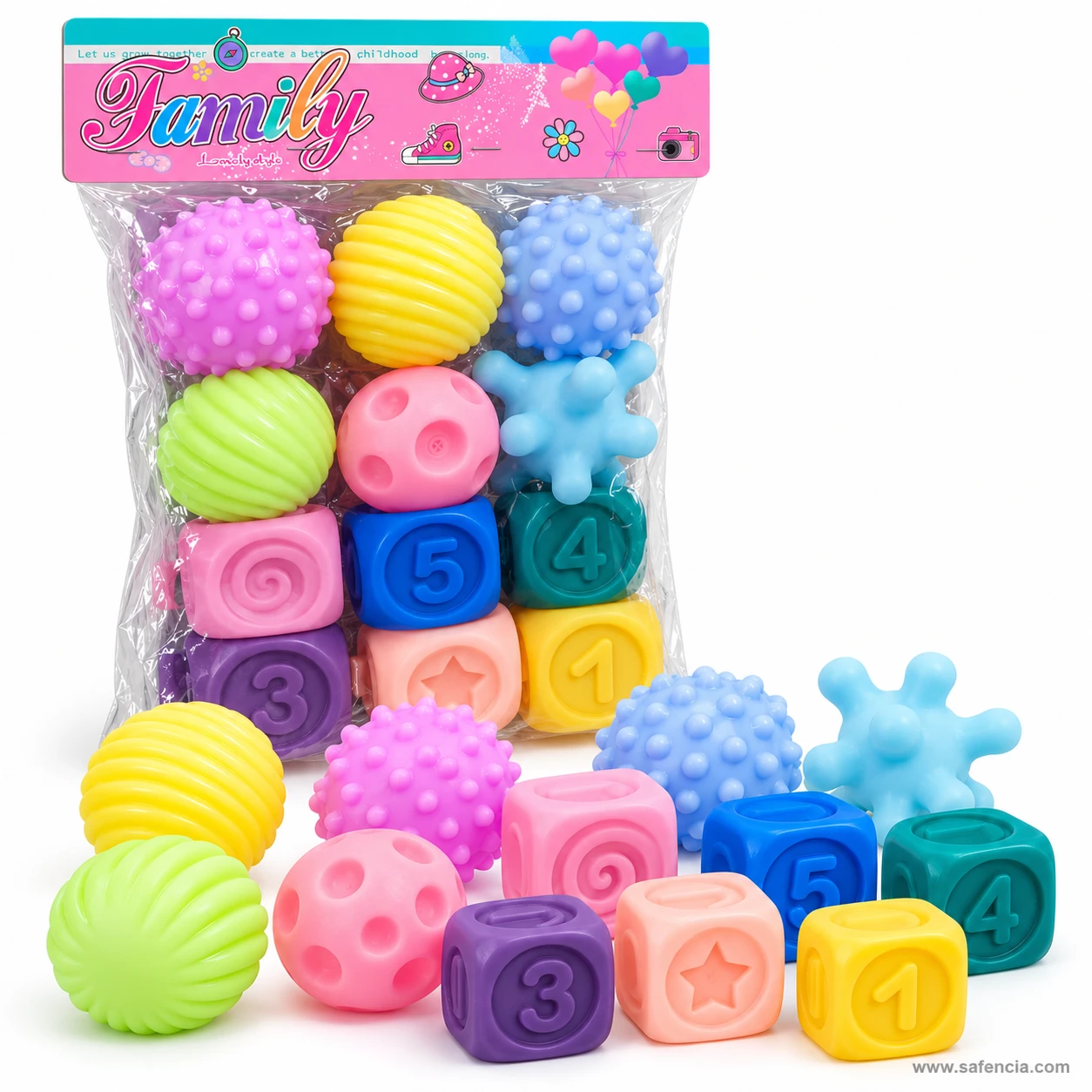 Six textured sensory balls and six soft number blocks laid out in front of the Family bag