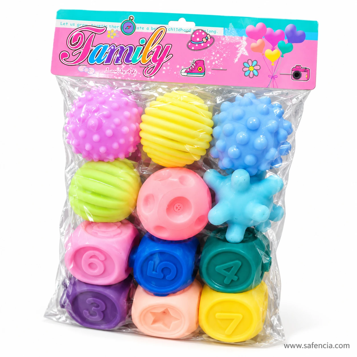 Front of the sensory toys bag showing the textured balls and the raised numbers on the soft blocks