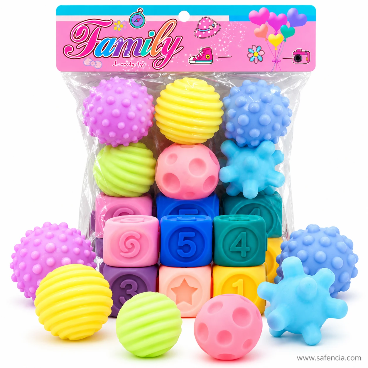 Close-up of the spiky, ribbed, bumpy, dimpled and star-shaped baby sensory balls beside the bag