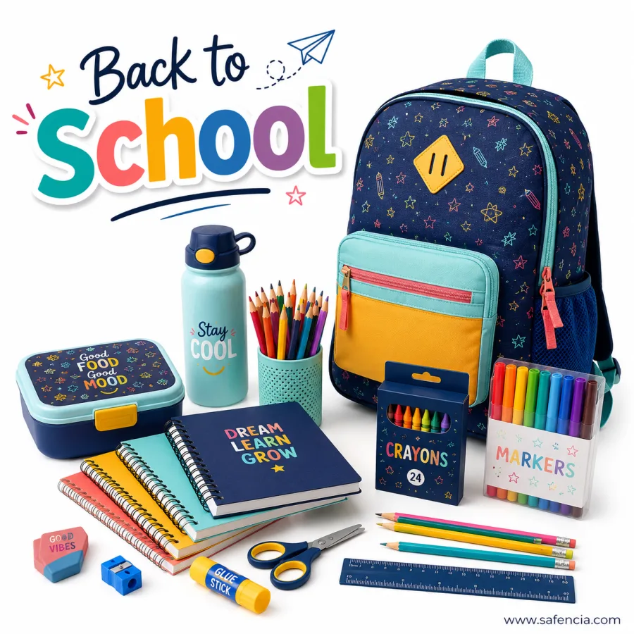 Back to School artwork for Pakistan — colour pencils, crayons, markers, HB pencils, an eraser, a sharpener and a ruler laid out with spiral notebooks, a lunch box, a water bottle and a star-print school backpack