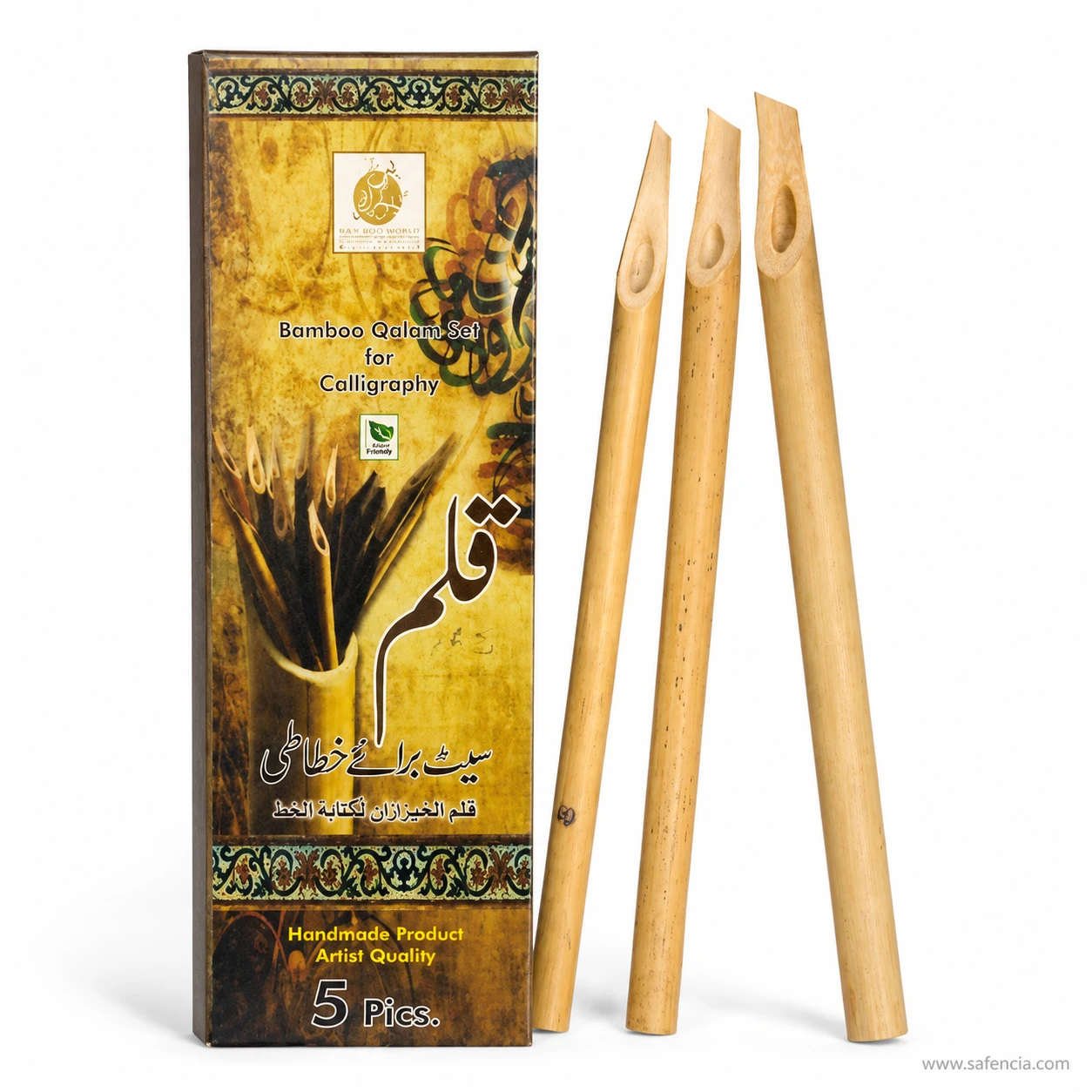 Front of the bamboo qalam box printed in English, Urdu and Arabic with the handmade and eco friendly marks