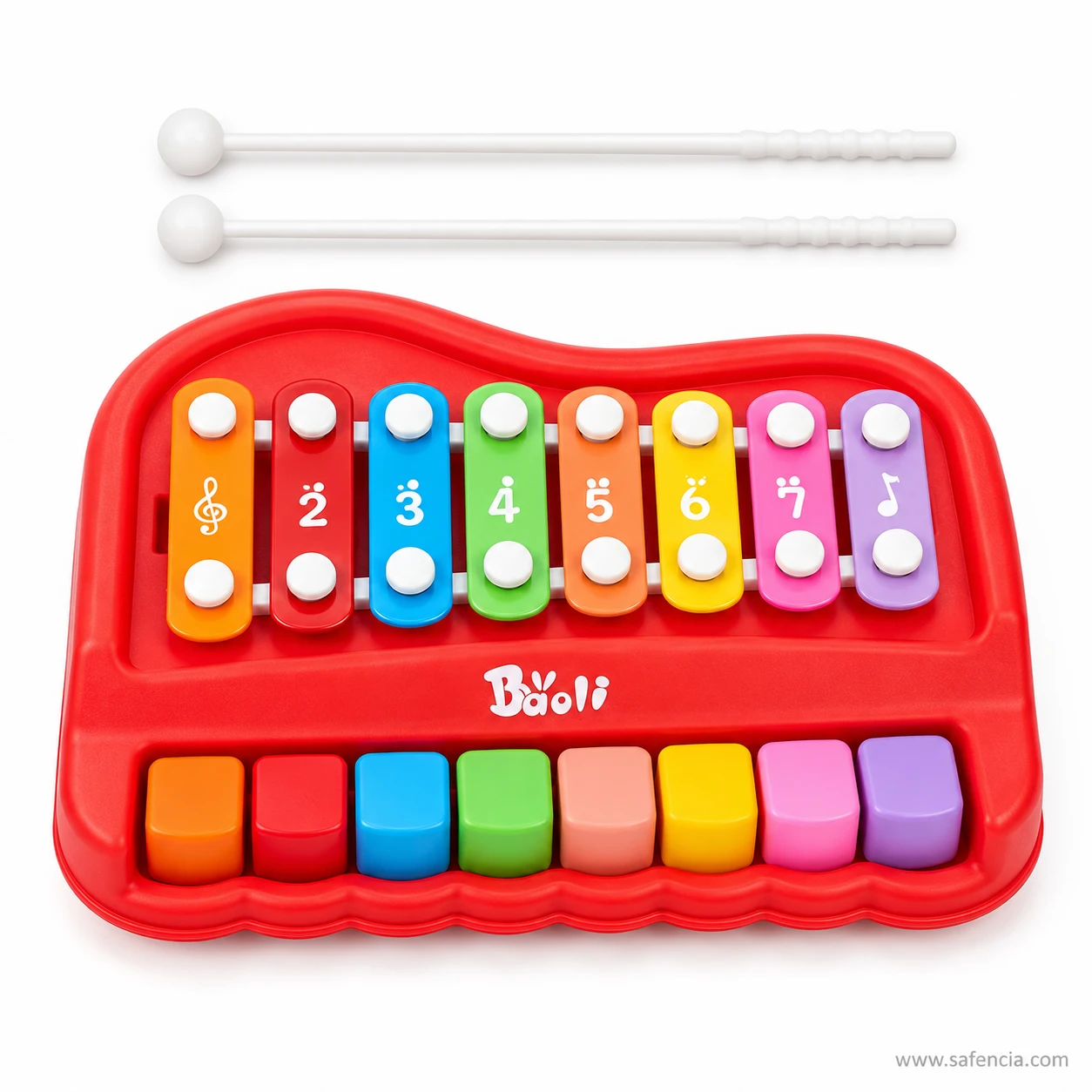 Top view of the Baoli xylophone showing a treble clef bar, bars numbered 2 to 7 and a high 1, above eight coloured keys