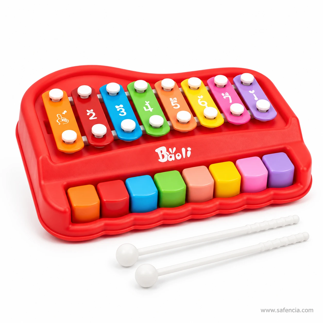 Red Baoli xylophone piano at an angle showing its curved body, rainbow piano keys and two mallets in front