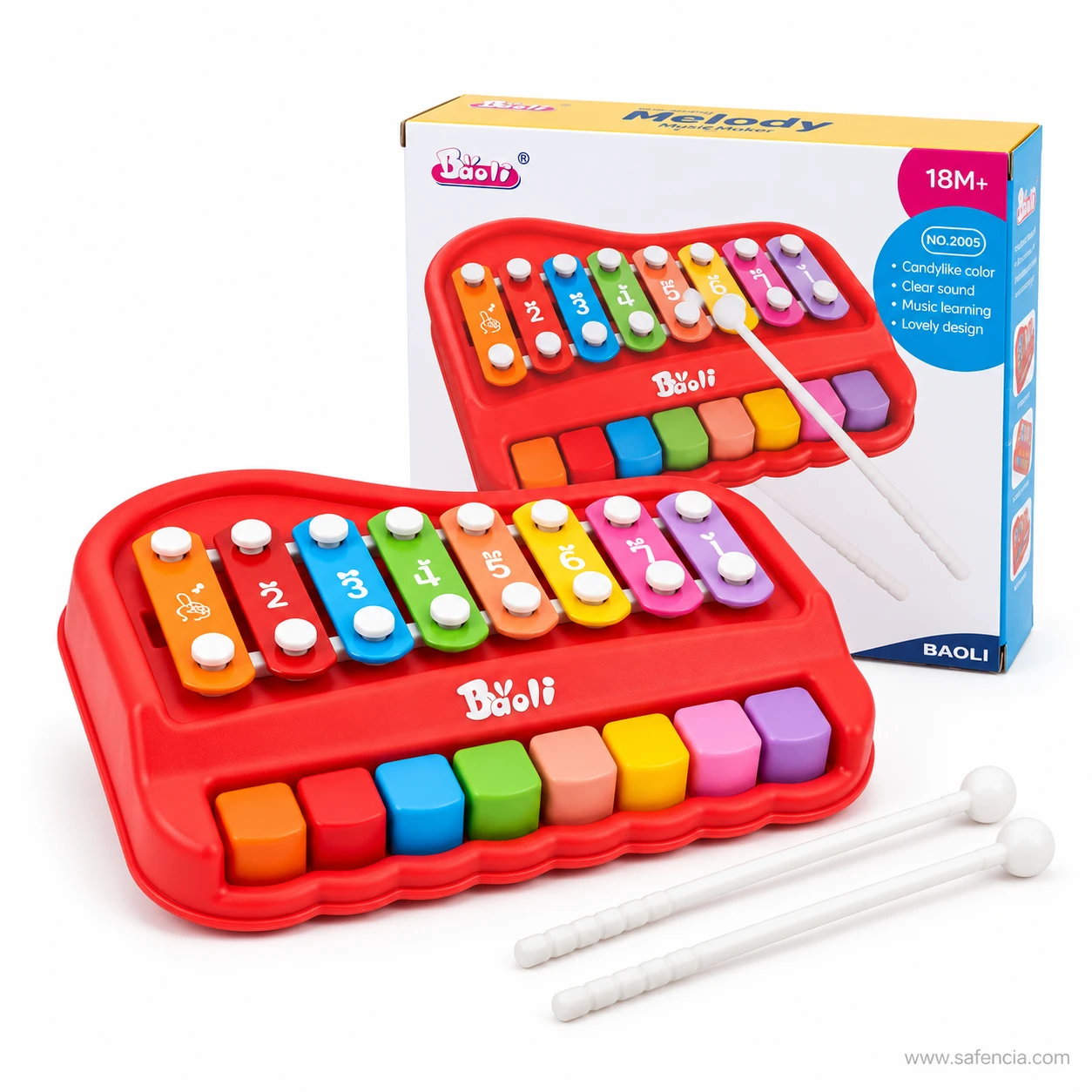 Baoli xylophone piano in front of its Melody Music Maker box marked 18M+ and No. 2005, with two white mallets