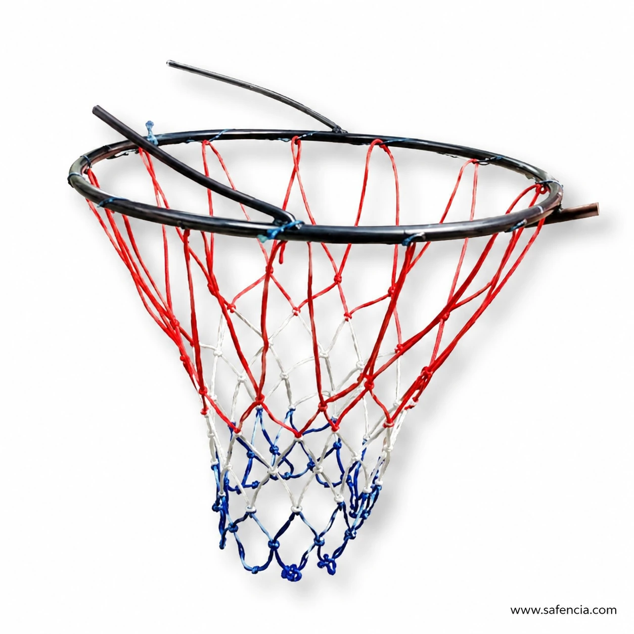 Black iron basketball ring showing the flat rear mounting bracket and the colourful knotted nylon net