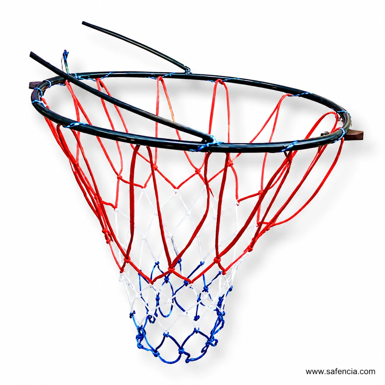Close view of the basketball iron ring opening with the knotted red, white and blue nylon net
