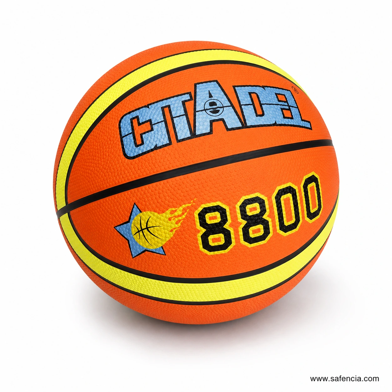 Size 7 orange outdoor basketball at an angle showing the round full-size shape and design details