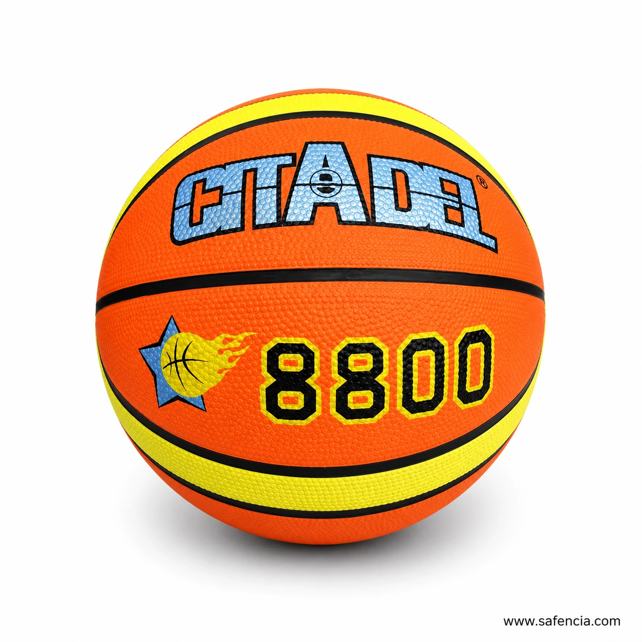 Close view of the Size 7 basketball showing the dotted rubber grip, yellow panels and black seams