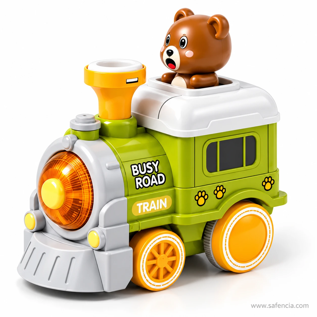 Close-up of the green bear spray train engine with bear driver, chimney and headlight