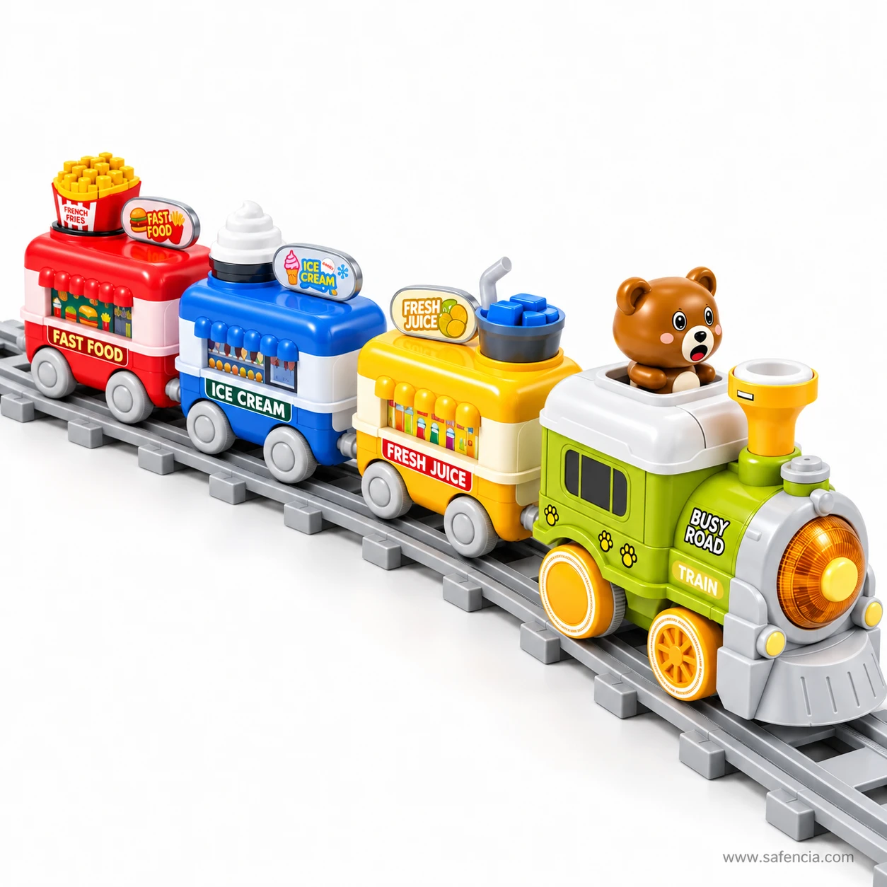 Rear angle of the bear spray train showing the fast food, ice cream and juice carriages