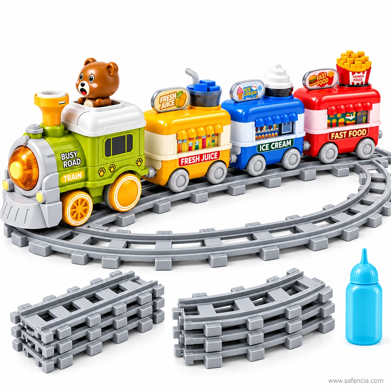 Full contents of the bear spray train set with oval track, spare track pieces and water bottle