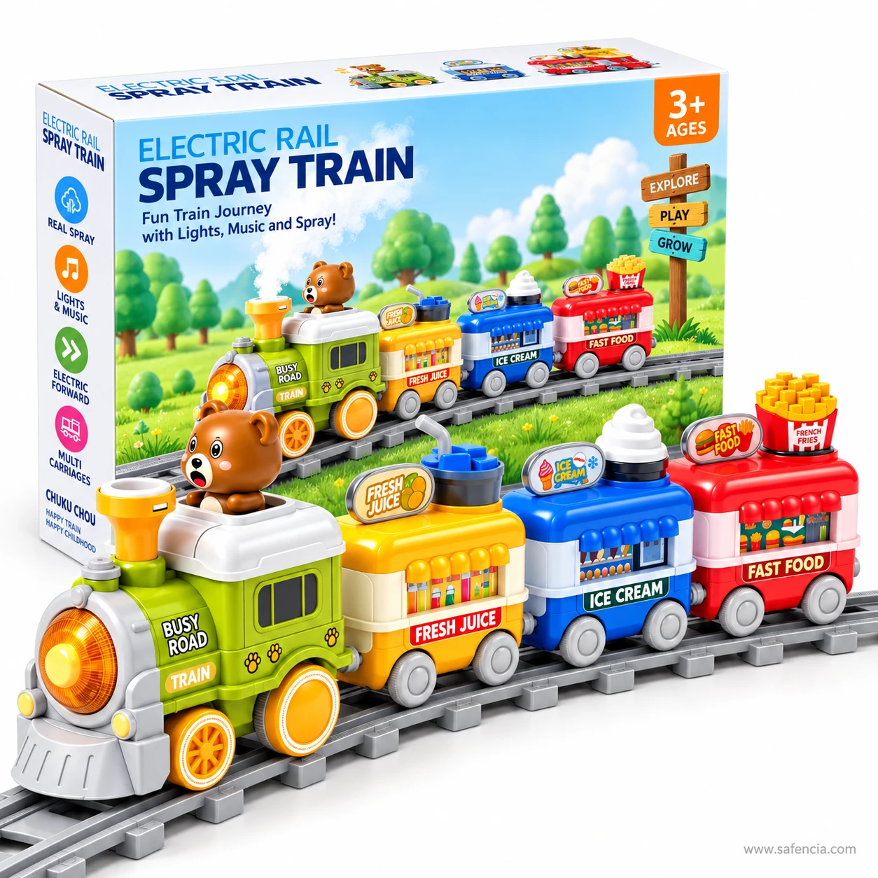 Bear spray train set in front of its Electric Rail Spray Train box marked ages 3 plus