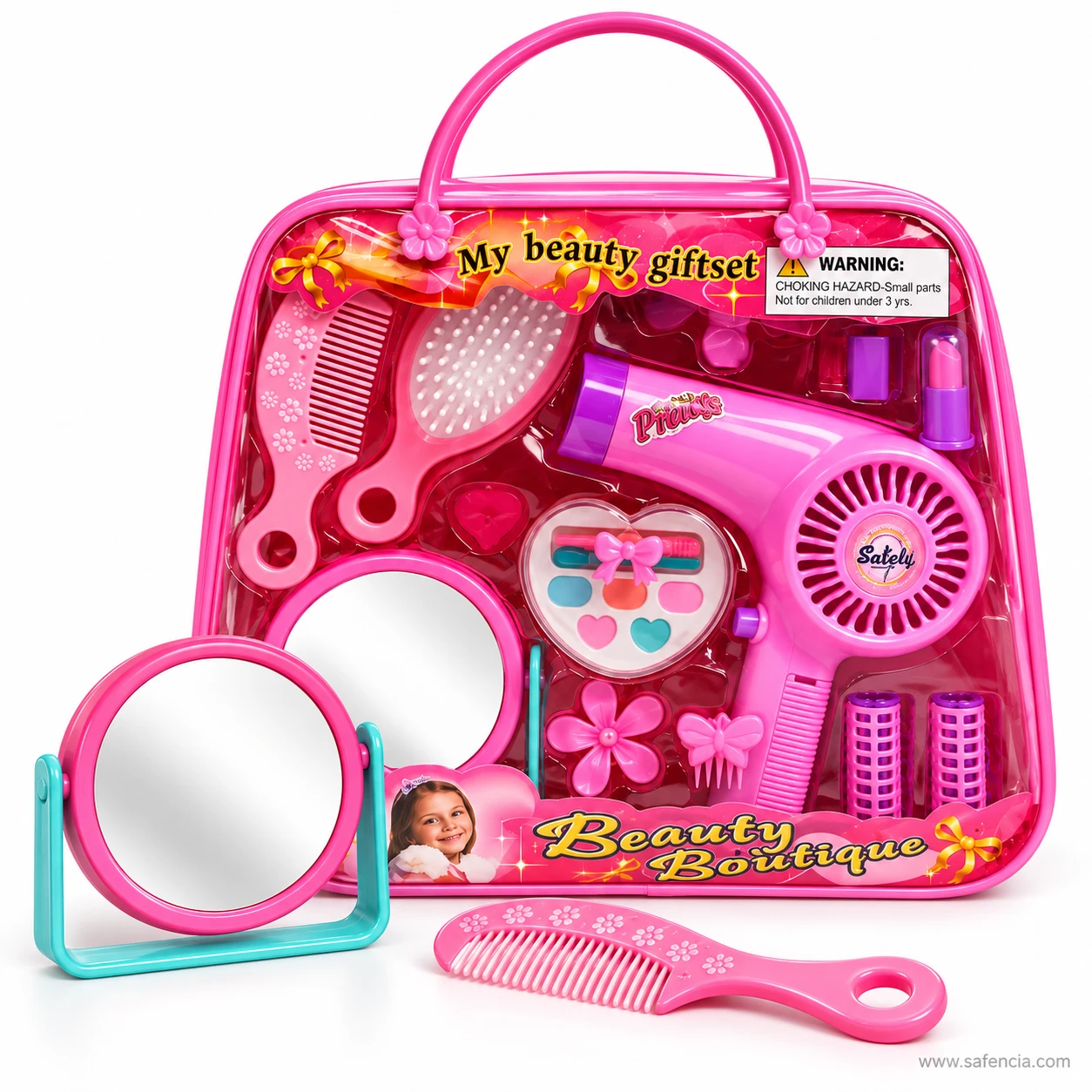 Beauty Boutique makeup bag with the stand mirror and comb taken out and placed in front of the pink handbag