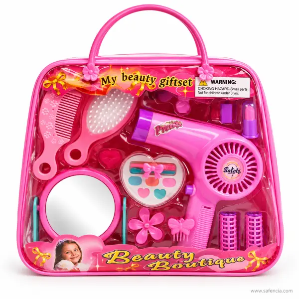 Beauty Boutique Hair and Makeup Bag for Girls with Toy Hair Dryer, Mirror, Comb and Rollers