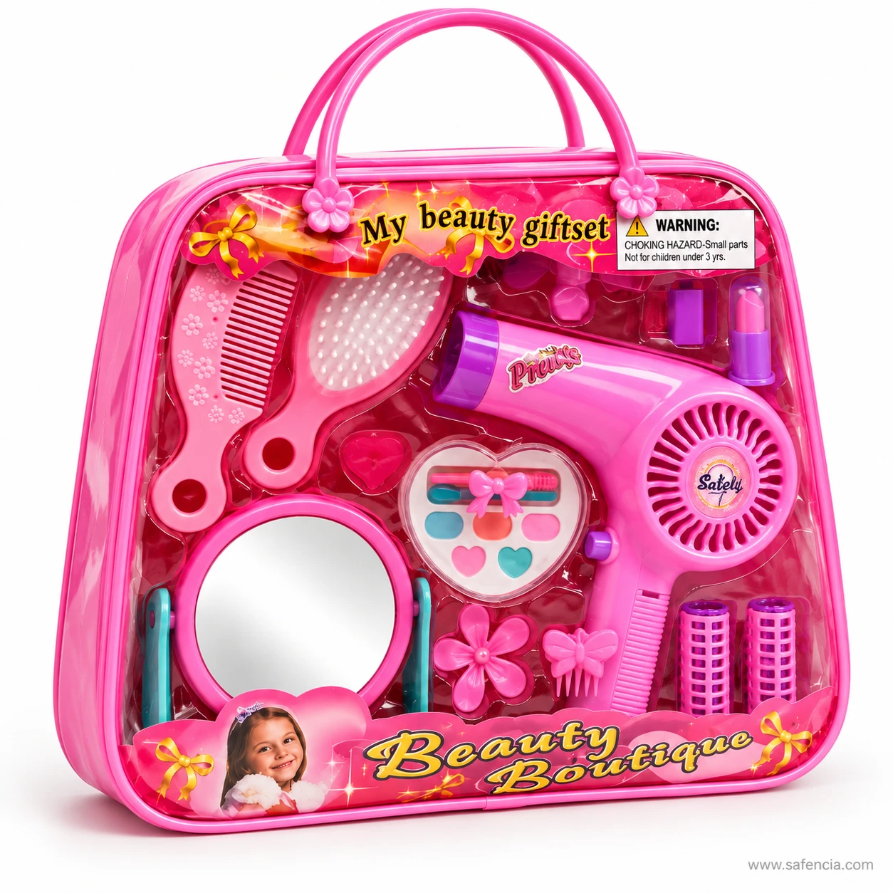 Beauty Boutique beauty set bag seen at an angle, showing the pink handles, flower charms and clear front panel
