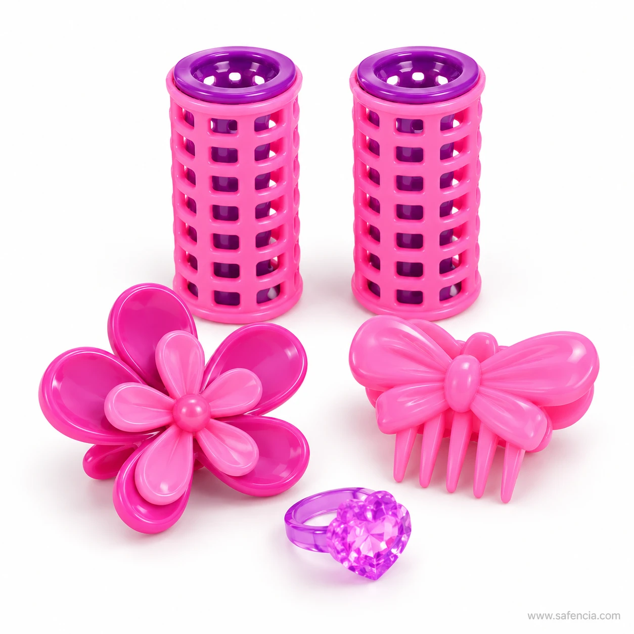 Two pink hair rollers, a pink flower clip, a butterfly hair clip and a purple heart ring from the beauty set