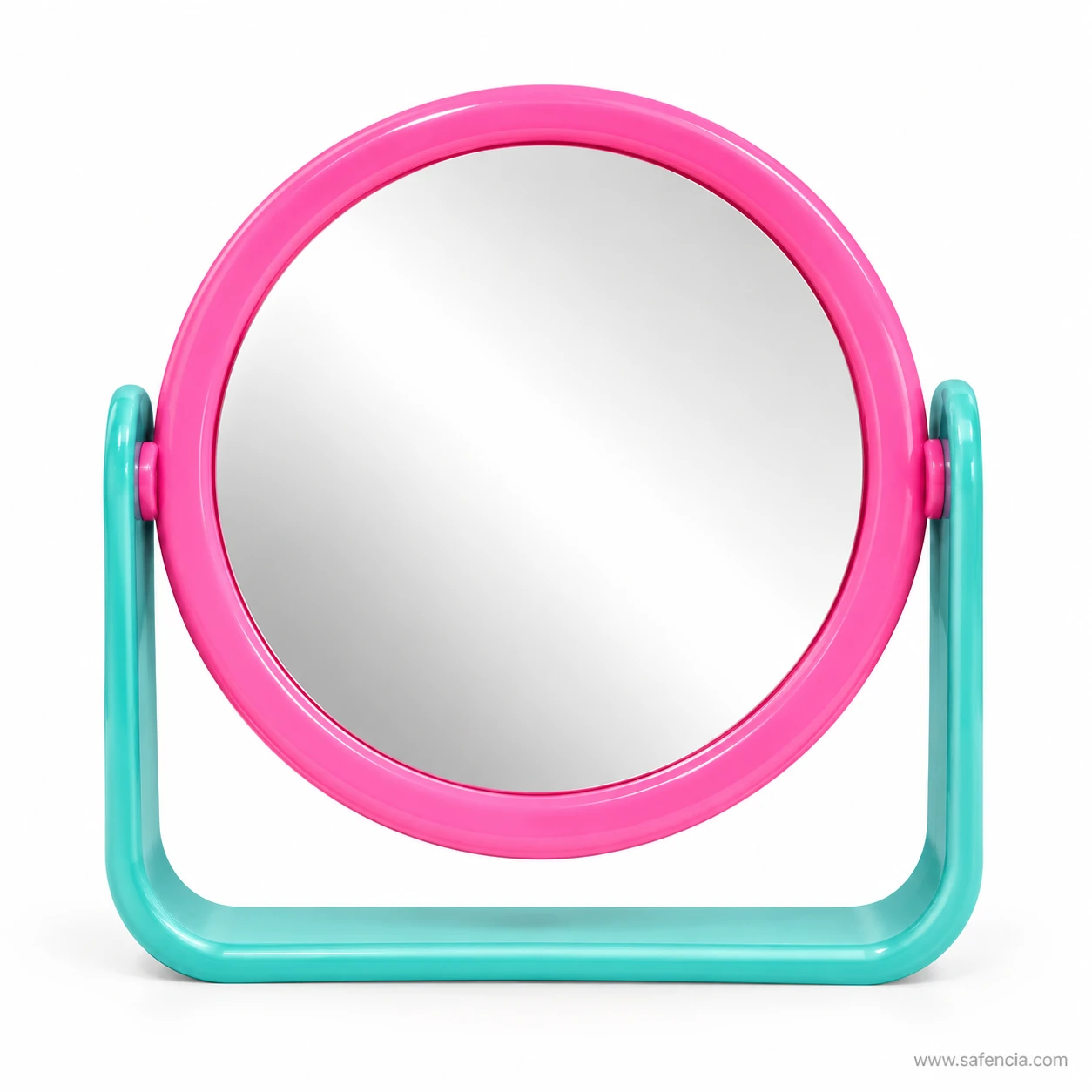Round pink mirror on a teal tilting stand from the Beauty Boutique set, standing upright on a white table
