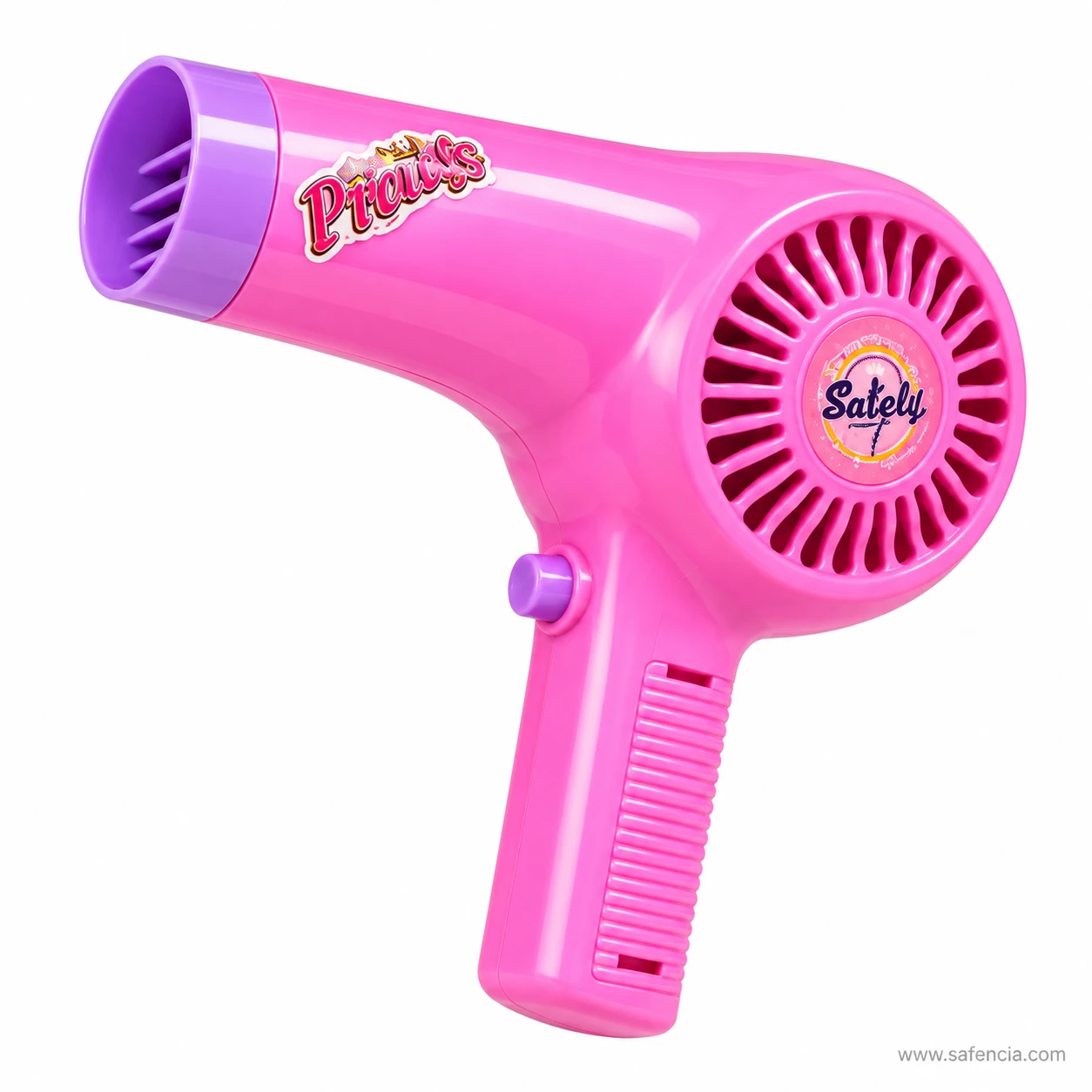 Pink toy hair dryer from the Beauty Boutique set with a purple nozzle, vented back and trigger-style handle