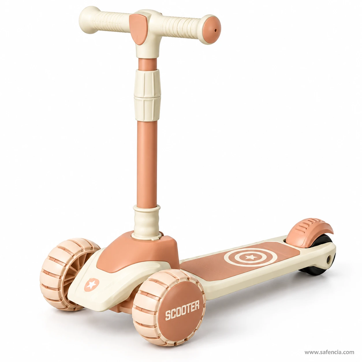 Front view of the beige kids scooty showing the rounded handlebar ends and both chunky front wheels